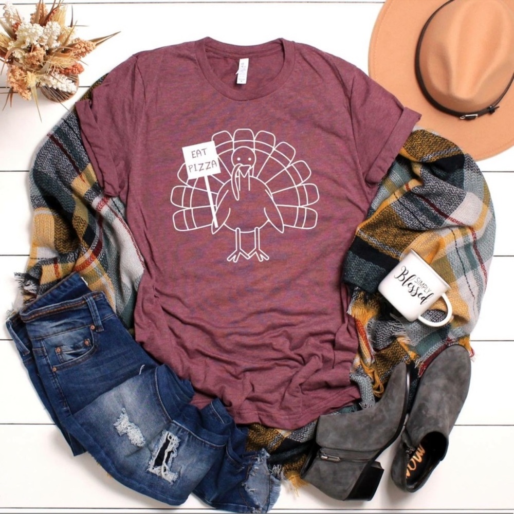 Burgundy Graphic Tee with Turkey “Eat Pizza” Design